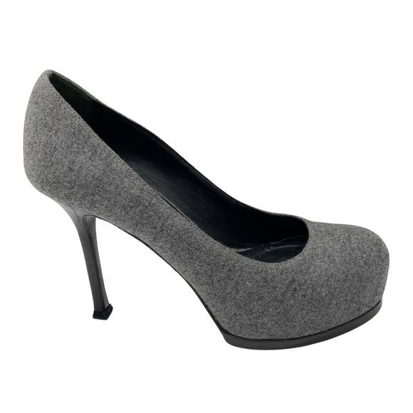 YVES SAINT LAURENT GREY WOOL PLATFORM PUMP - Picture 2 of 9